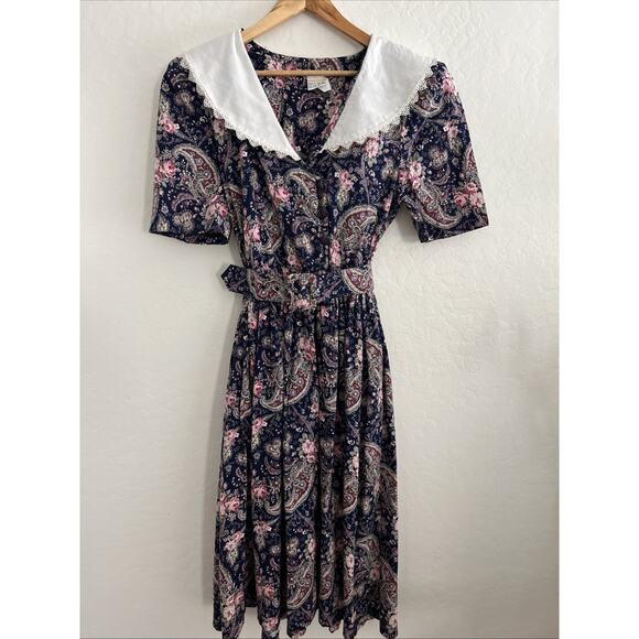 VTG 80s Miss Oops Cottagecore Dress Lace Collar Floral Paisley Midi Prairie - Picture 1 of 8